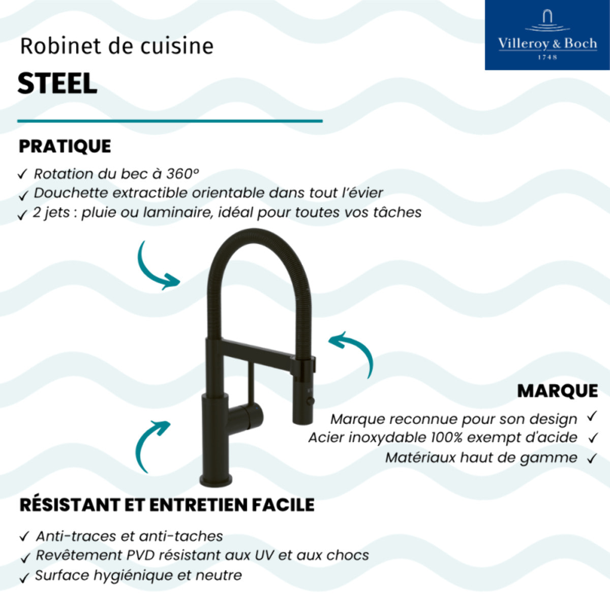Robinet de cuisine avec douchette VILLEROY & BOCH Steel Expert Compact Noir mat