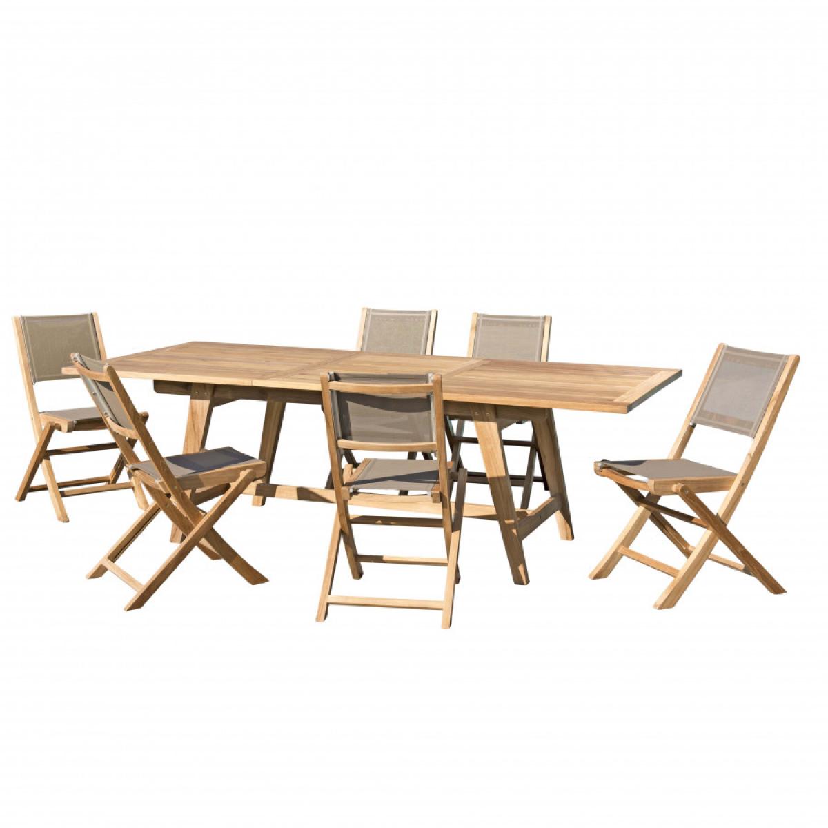 HARRIS - SALON DE JARDIN EN BOIS TECK 8/10 pers. - 1 Table extensible 180*240/100 cm et 6 chaises textilène taupe