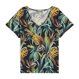 T-shirt scollo a V in jersey modal stampa tropical all over