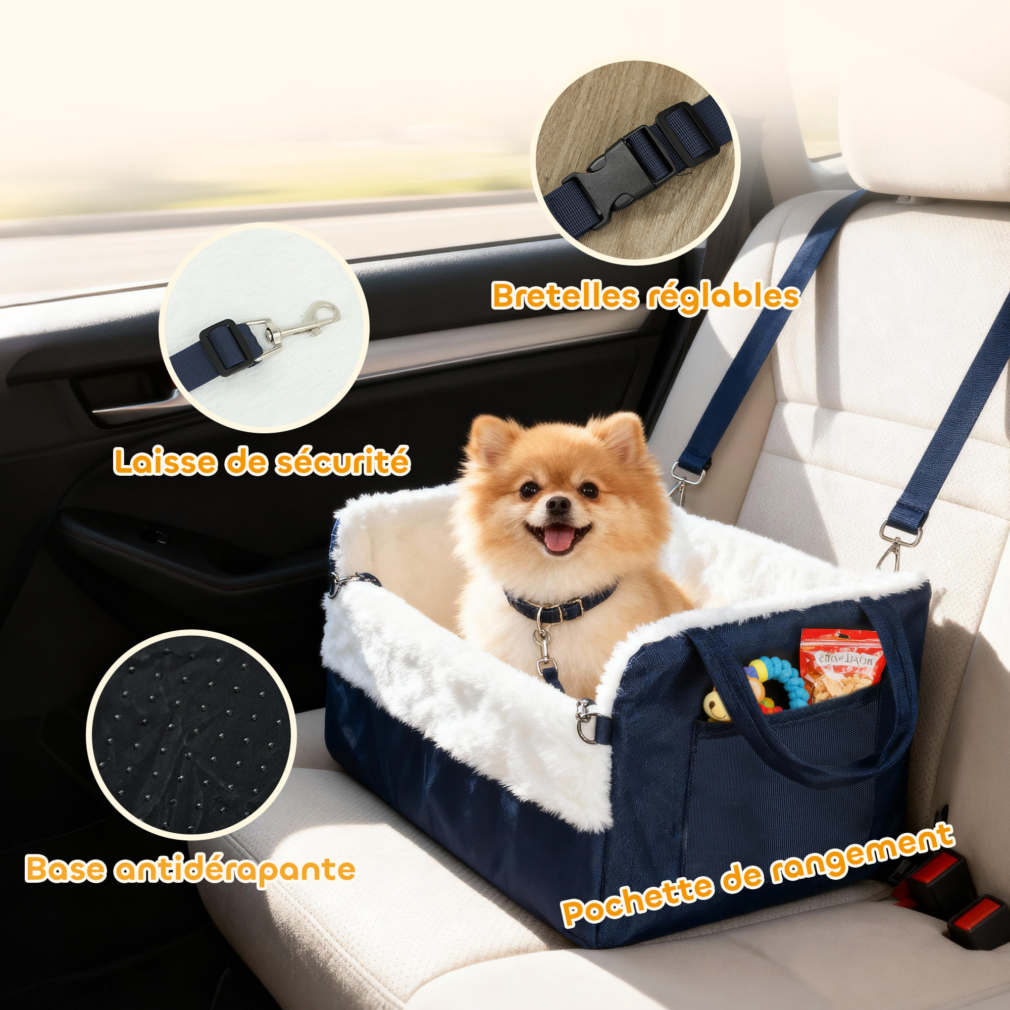 Siège auto sac de transport chien 2 en 1 - réglable - revêtement effet fourrure déhoussable - polyester bleu