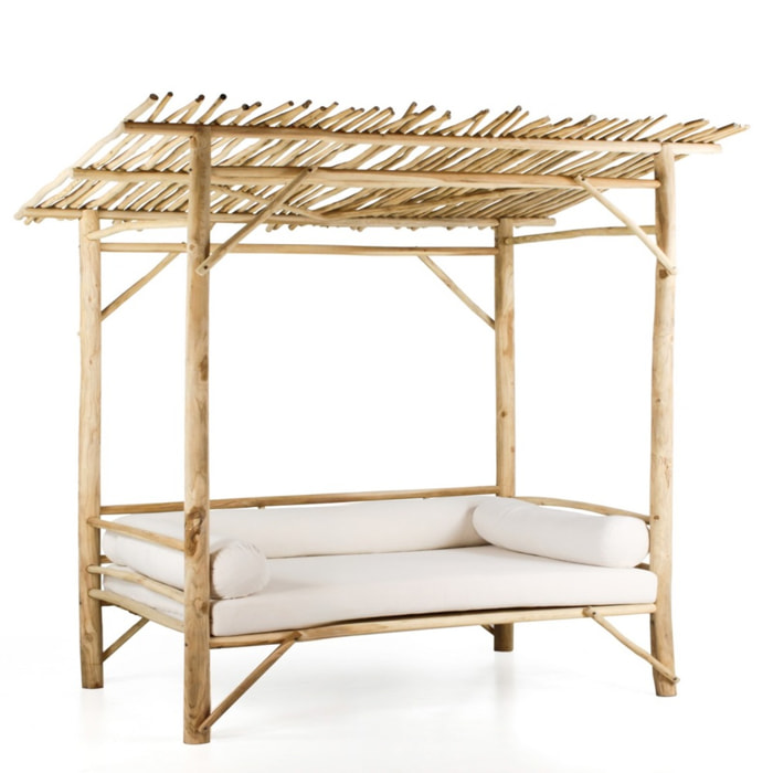 Baldacchino daybed in legno di teak riciclato 200x200cm con cuscini ecù - Okku