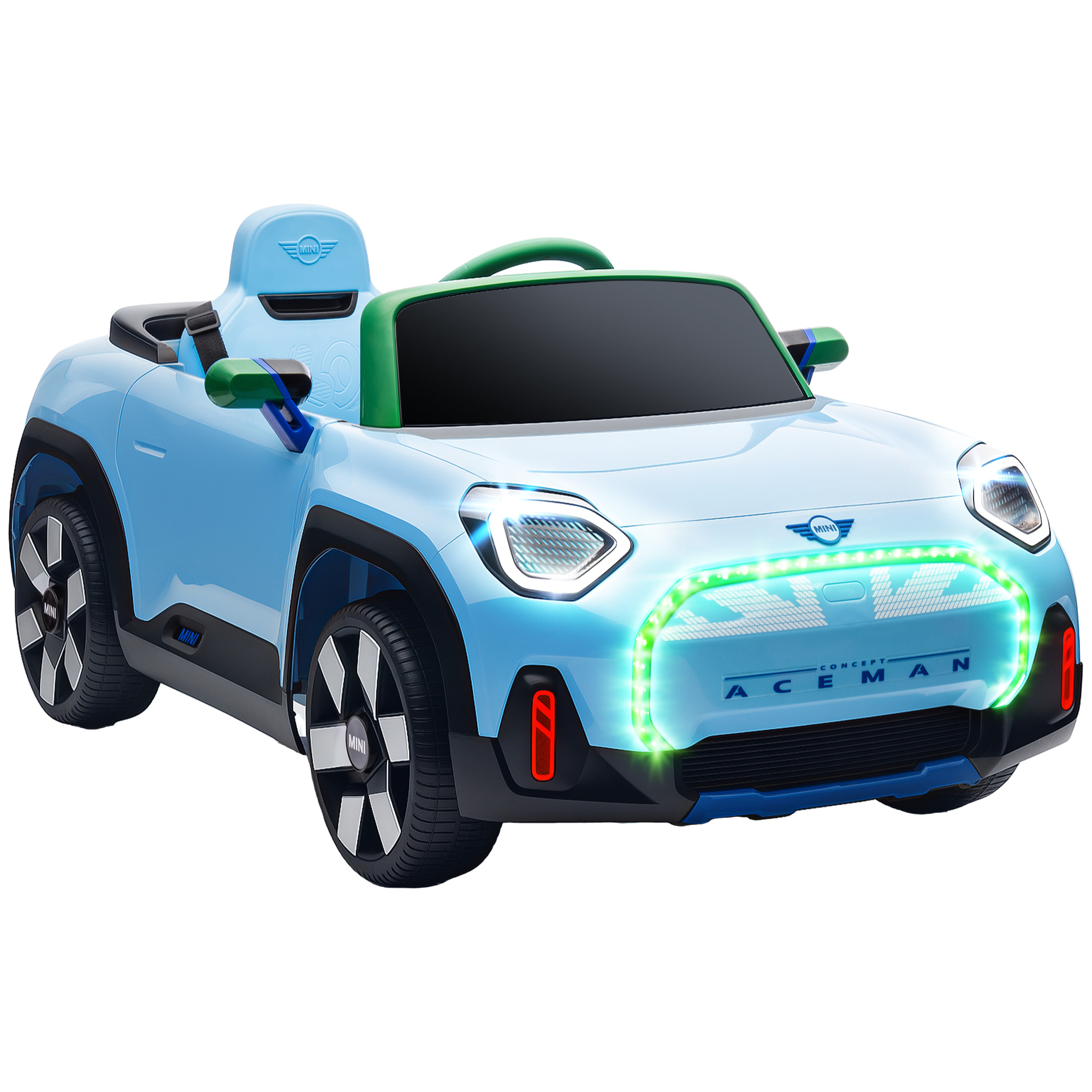 Coche Eléctrico para Niños de +3 Años, MINI Concept Aceman, Coche de Batería 12V, con Bluetooth, Mando a Distancia 2,4 G, Motor Doble, Suspensión Trasera, Faros, Música, USB, Azul