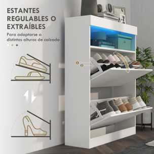 Mueble Zapatero de Recibidor Armario Zapatero Independiente o Pared con Luces LED Estante Abierto y 2 Cajones Abatibles para 12-16 Pares de Zapatos 80x24x99,5 cm Blanco Brillante