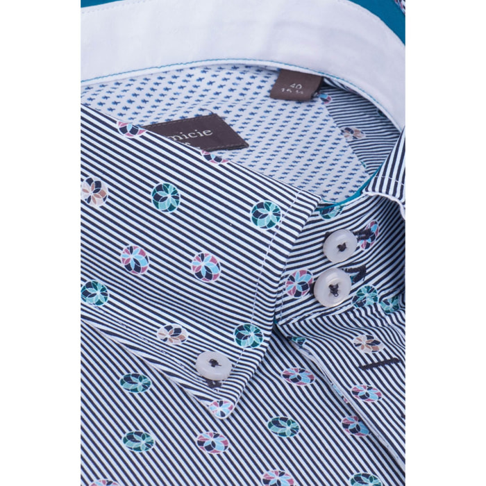 Camicia Uomo 2 Bottoni Button Down Slim Popeline Riga Stretta Blu\Bianco