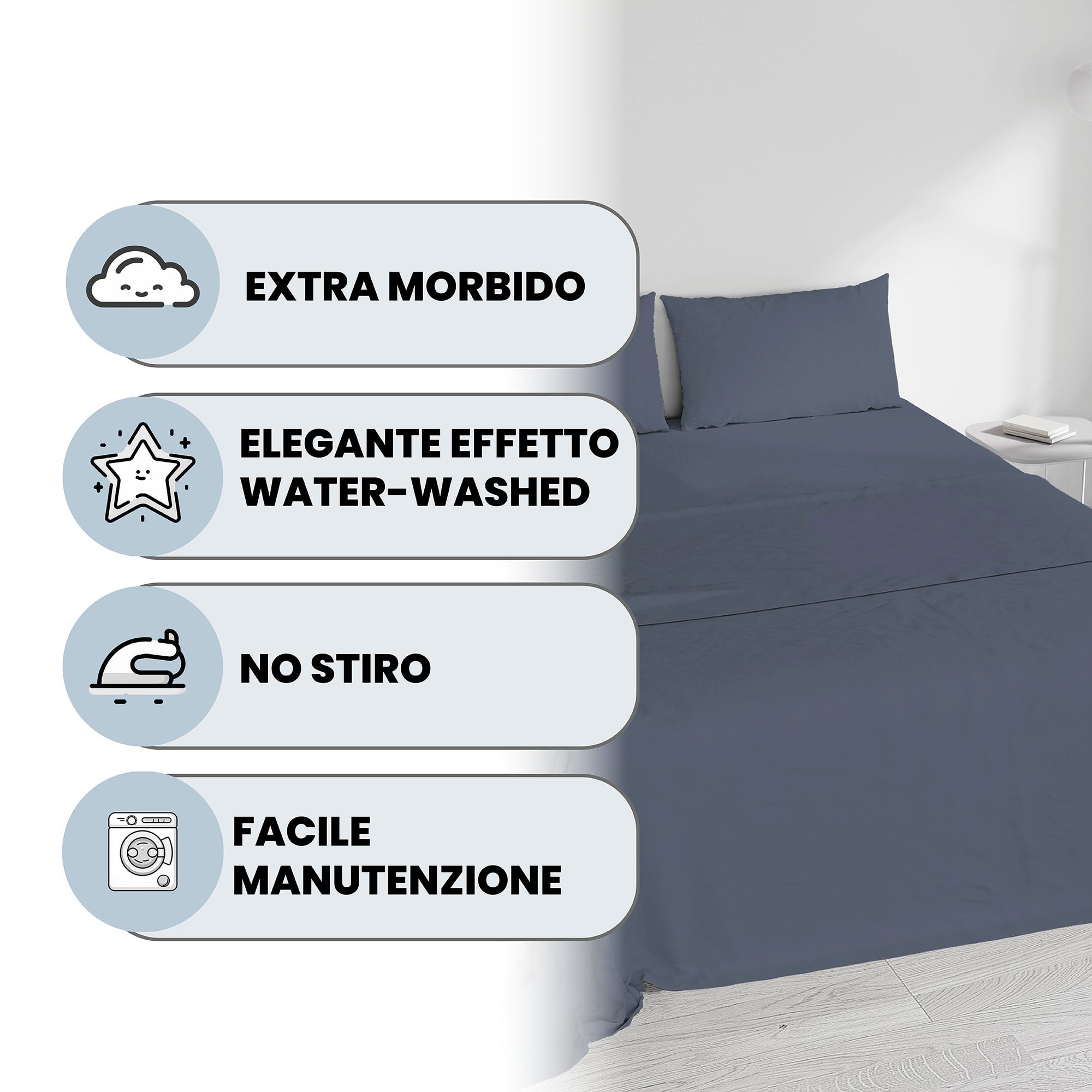 COMPLETO LETTO WATER WASHED, 100% Microfibra, No Stiro - BLU