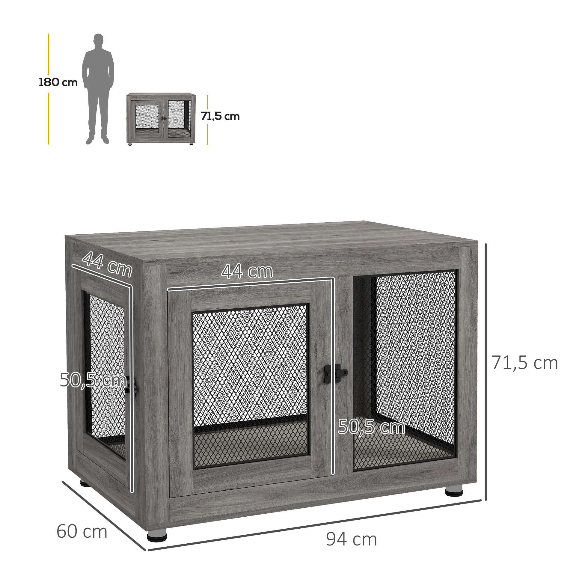 Jaula para Perros Grandes Estilo Mueble Casa para Perros 94x60x71,5 cm Mesa Auxiliar con 2 Puertas de Pestillo Cojín de Tela Oxford y Rejillas de Acero Gris