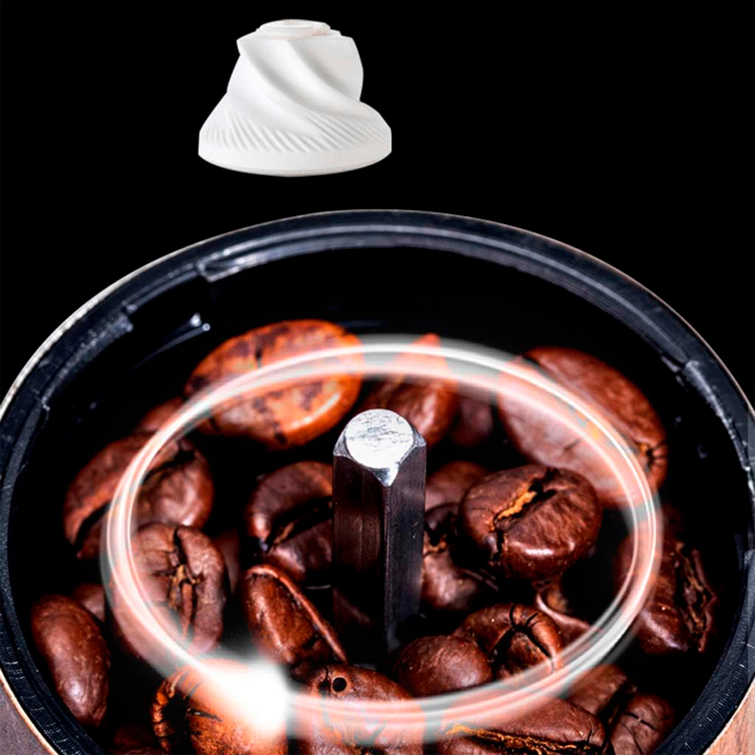 Molino de café manual con fresa cónica de cerámica ajustable y ruleta para controlar el grosor del molido.