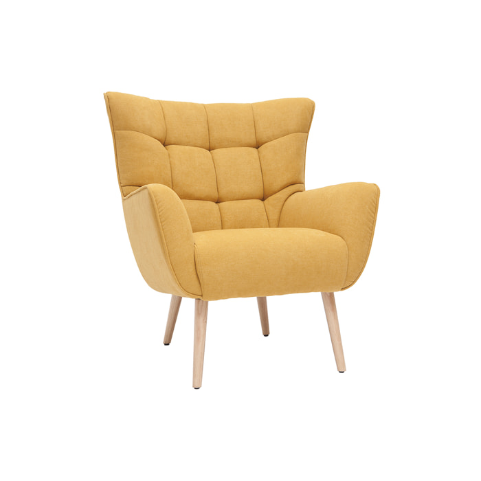 Fauteuil scandinave en tissu effet velours jaune moutarde et bois clair AVERY