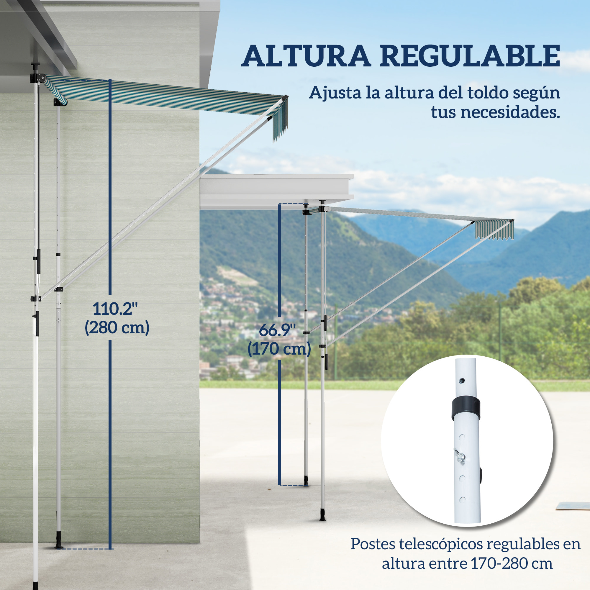 Toldo Manual Retráctil 2x1,5 m Toldo Exterior Terraza Enrollable Altura Ajustable con Manivela 170-280 cm Sin Taladro para Balcón Jardín Verde y Blanco