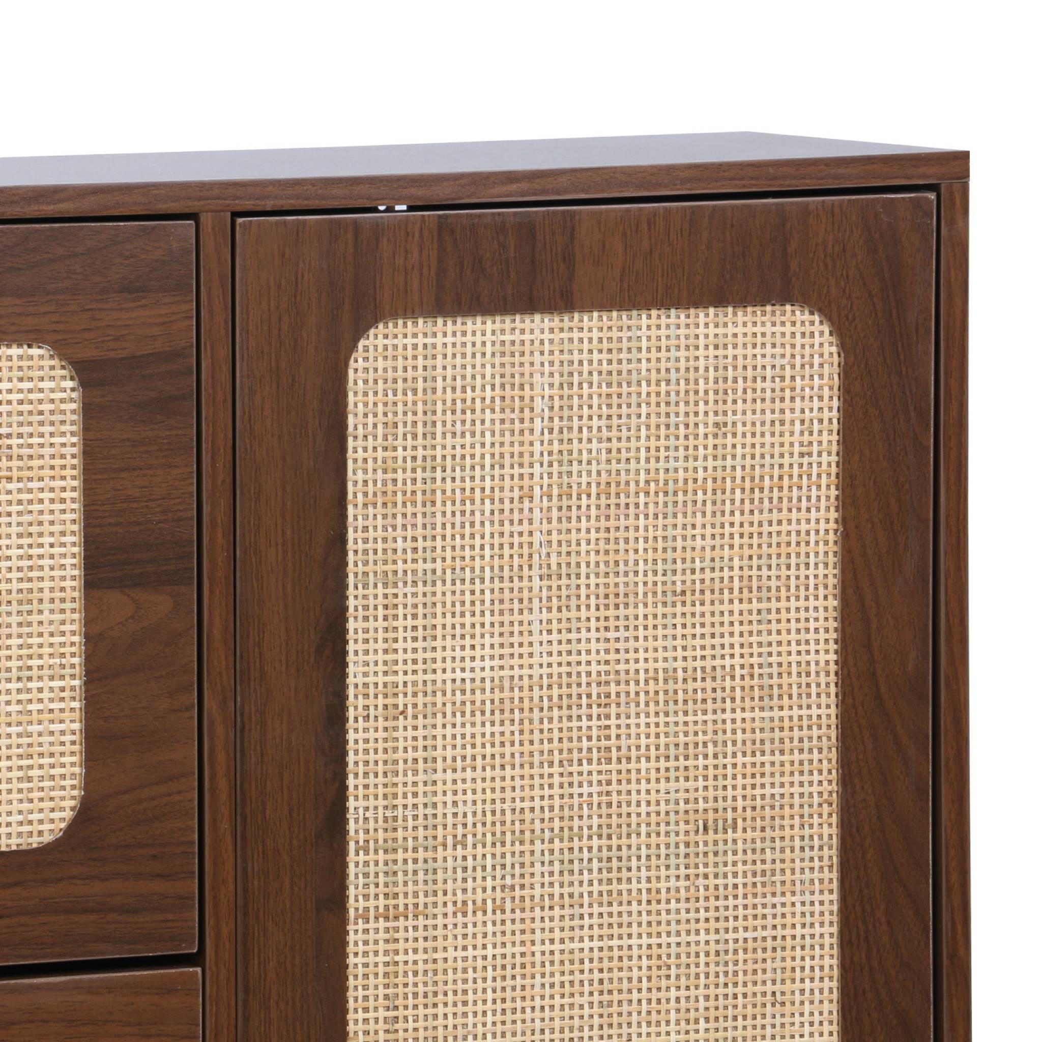 Meuble à chaussure cannage Bohème noyer. 3 abattants. 1 porte. 21 paires. 120 x 24 x 125 cm