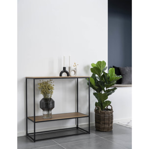 Consolle Vita a 2 ripiani effetto rovere con struttura in acciaio nero, 80×36×80 cm
