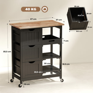 Carro de Cocina, Carrito Auxiliar con Ruedas, Tablero de Madera, 3 Cajones, 2 Estantes Abiertos y Bandeja Extraíble, para Comedor Salón, 67x37x85,5 cm, Negro