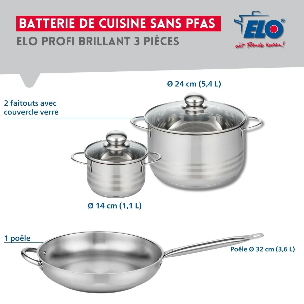 Ensemble de 1 Poêle de cuisson 32 cm et 2 faitouts 14 et 24 cm Elo Profi Brillant