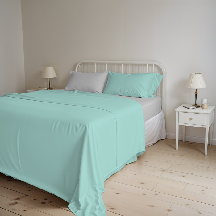 COMPLETO LETTO NATURAL COLOR, 100% Cotone, Made in Italy - ACQUA/GRIGIO CHIARO