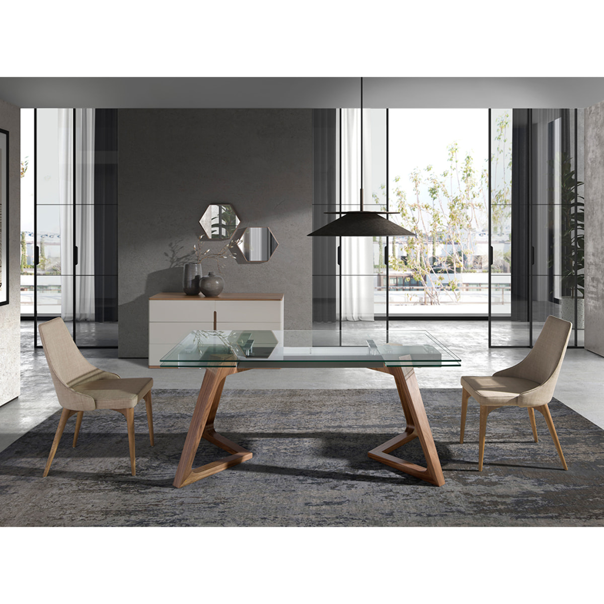 Mesa comedor extensible rectangular con tapa de cristal templado 160x90x75cm