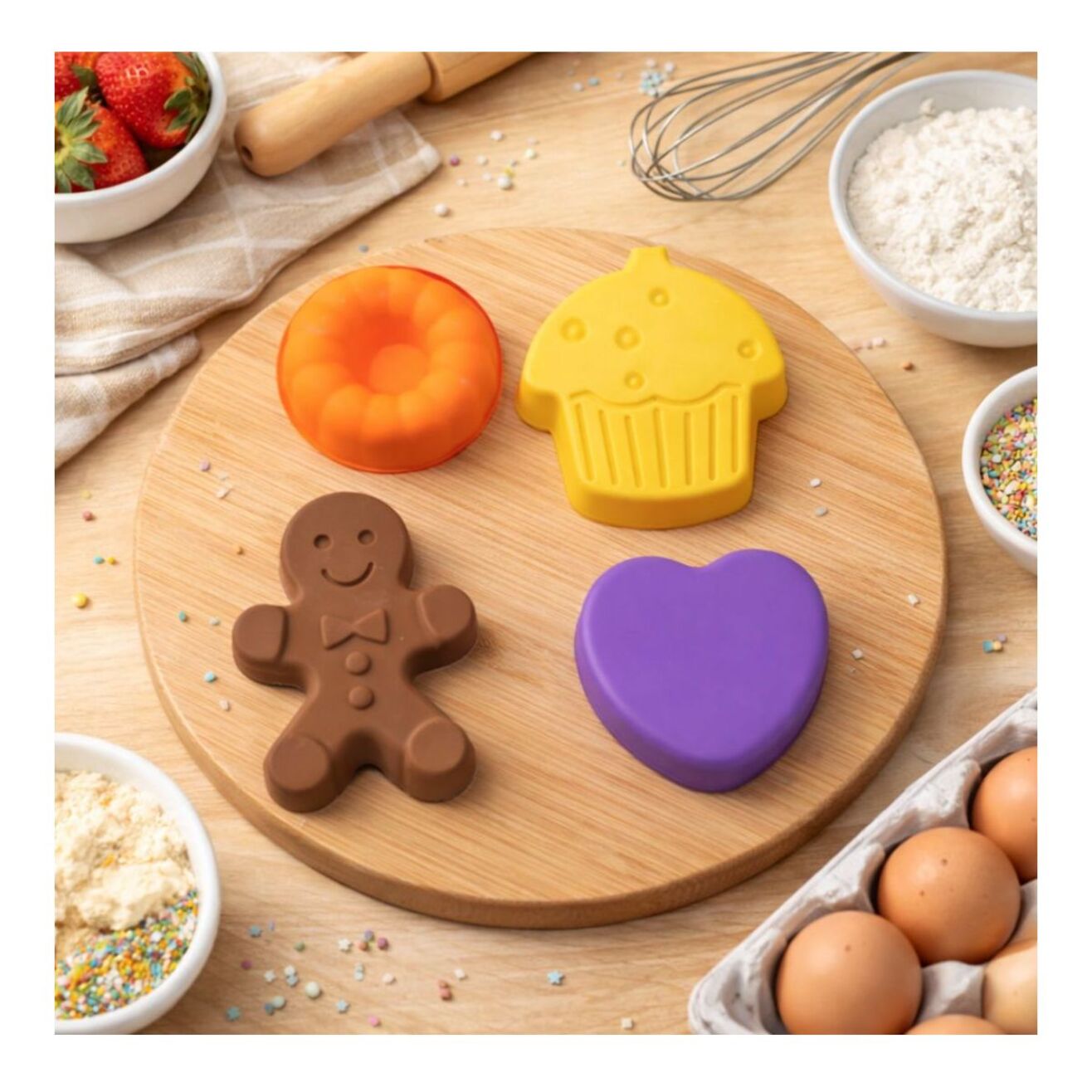 Lot de 4 mini moules en silicone forme gâteau, Happy Cake