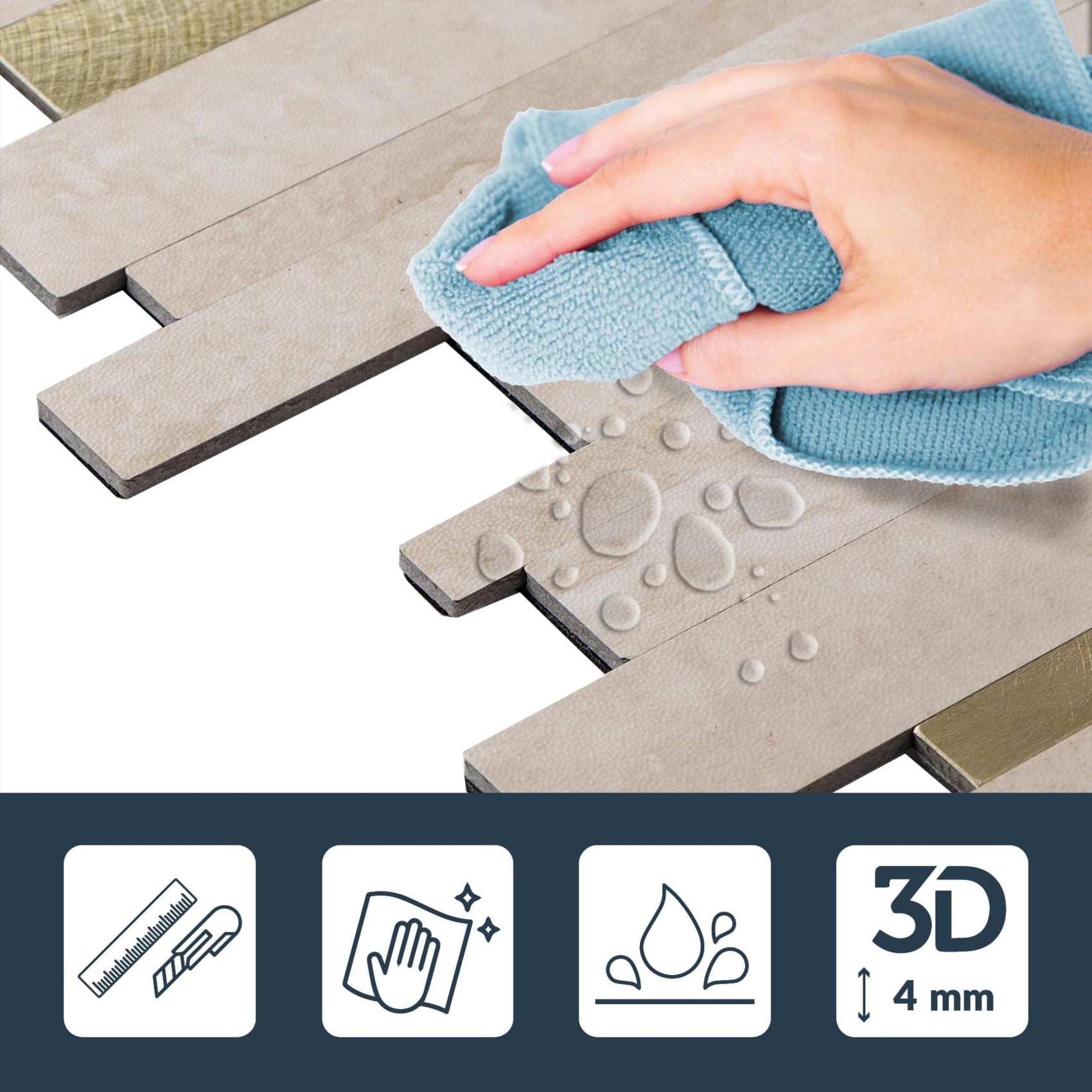 Crédence adhésive murale 3D motif lamelles 4 pièces - Doré