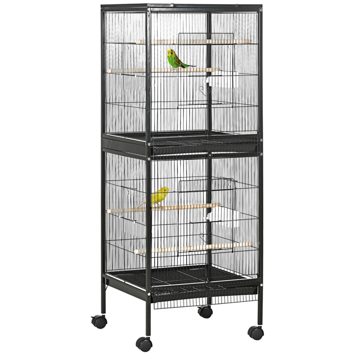 Jaula para Pájaros con Ruedas Jaula Grande de 2 Niveles Pajarera con Bandejas Extraíbles Puertas Comederos Perchas para Canarios Periquitos 51,5x50x140 cm Negro
