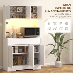 Alacena de Cocina con Luz LED RGB, Mueble de Cocina con Encimera para Microondas, 6 Puertas, 2 Cajones, Estantes Ajustables y Control Remoto, 100x38x180 cm, Blanco