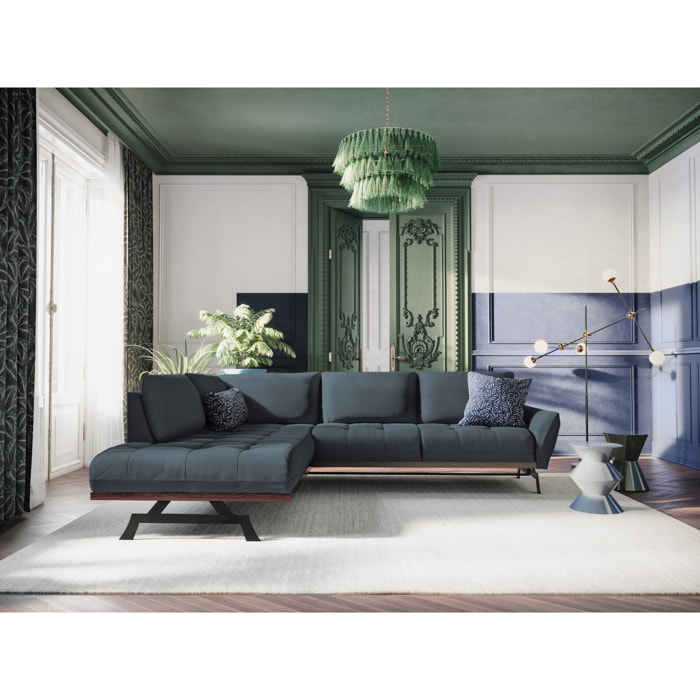 Canapé d'angle gauche convertible "Olivier" 5 places en tissu structurel bleu