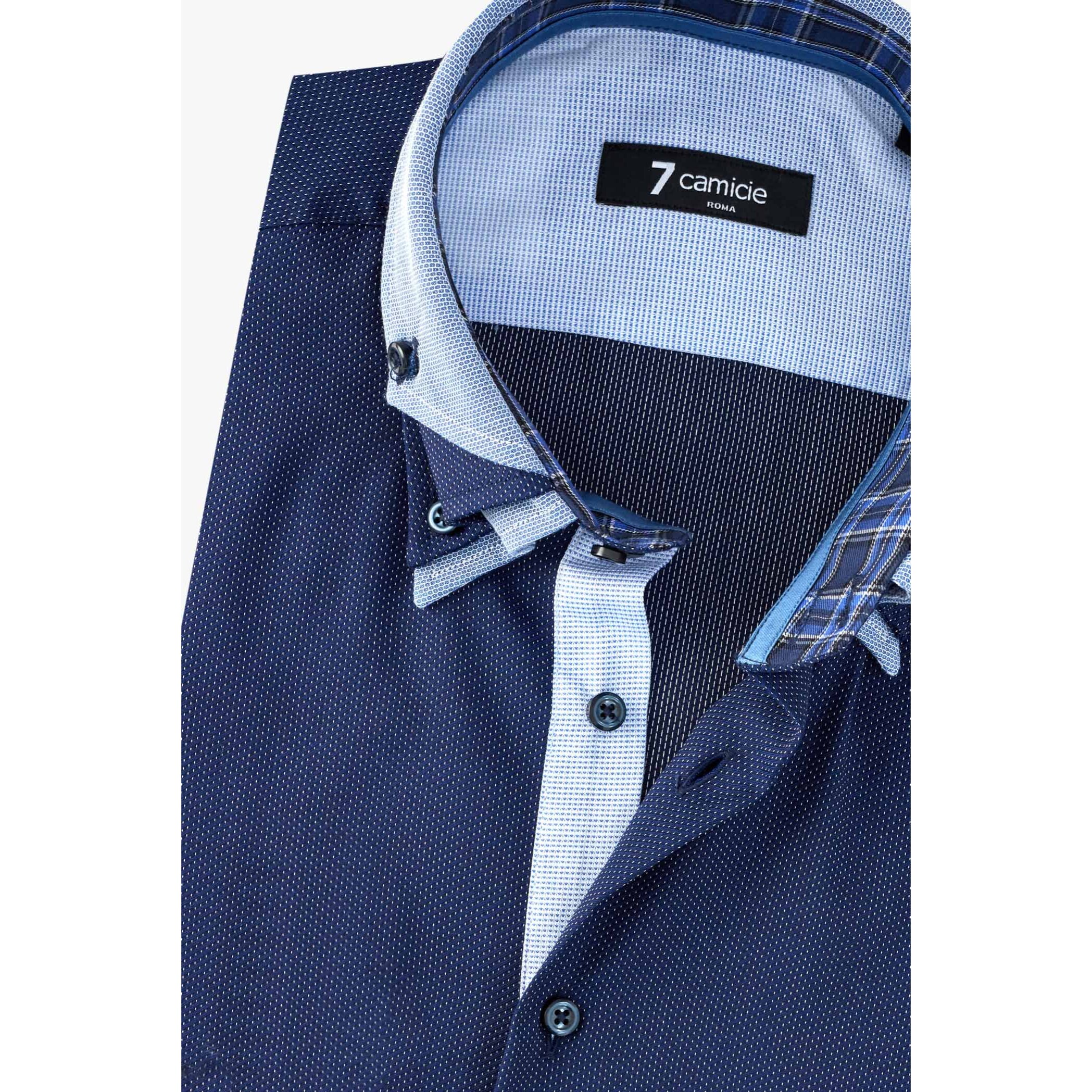 Camicia Uomo 2 Bottoni Button Down Triplo Collo Slim Popeline Fantasia Blu\Bianco