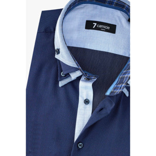 Camicia Uomo 2 Bottoni Button Down Triplo Collo Slim Popeline Fantasia Blu\Bianco