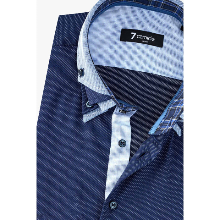 Camicia Uomo 2 Bottoni Button Down Triplo Collo Slim Popeline Fantasia Blu\Bianco