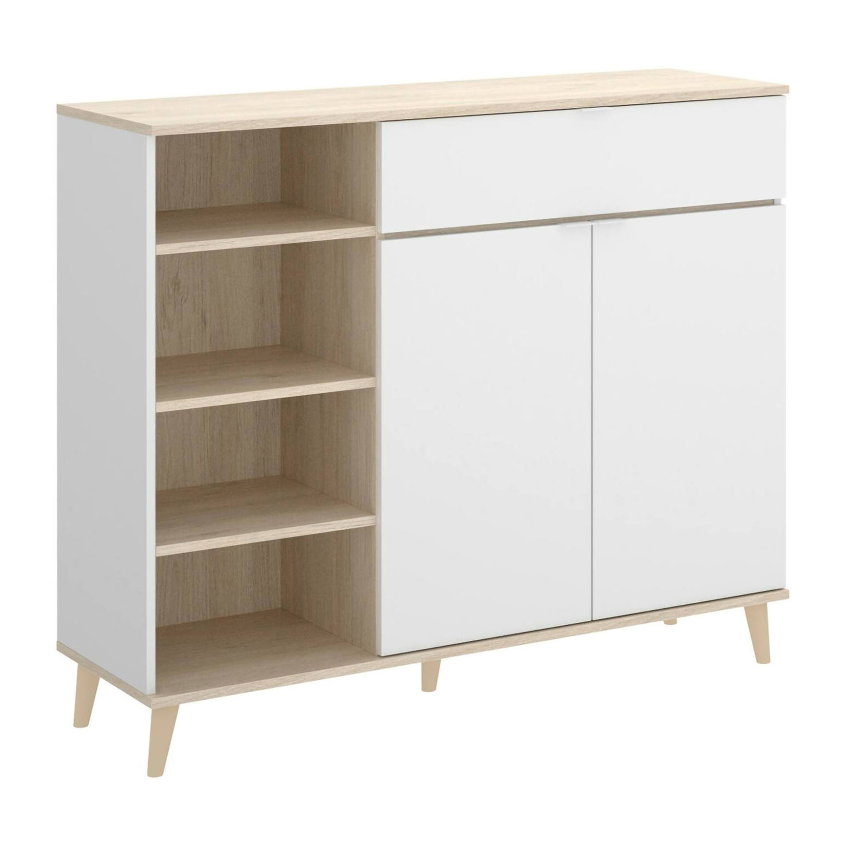 Credenza Sumbra, Buffet dispensa da soggiorno, Madia da salotto moderna a 2 ante, 120x40h102 cm, Bianco e Rovere