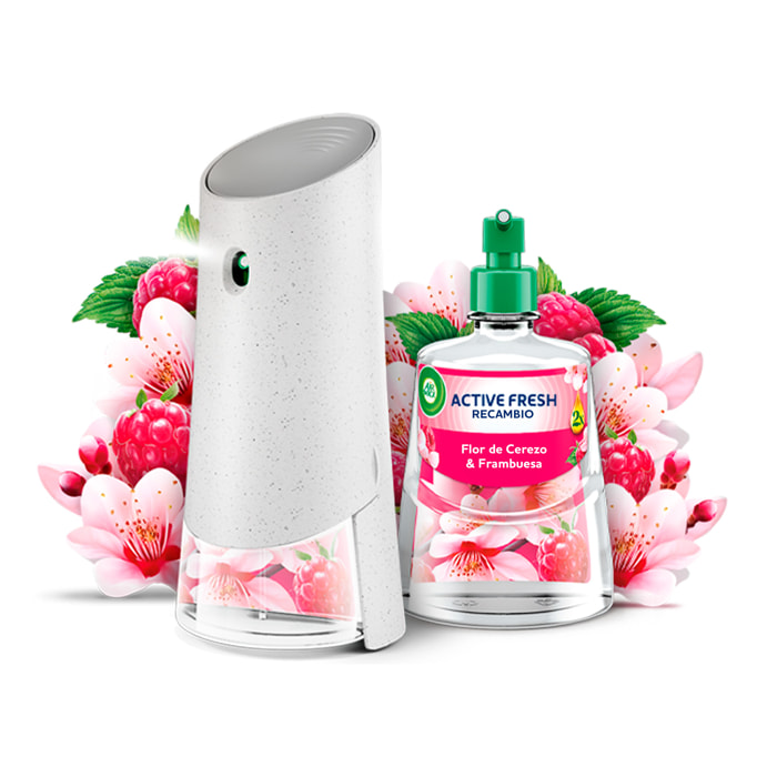 Air Wick Active Fresh Spray Automatico Sin Aerosol - Ambientador para casa con aroma a Flor de Cerezo y Frambuesa - Aparato y recambio