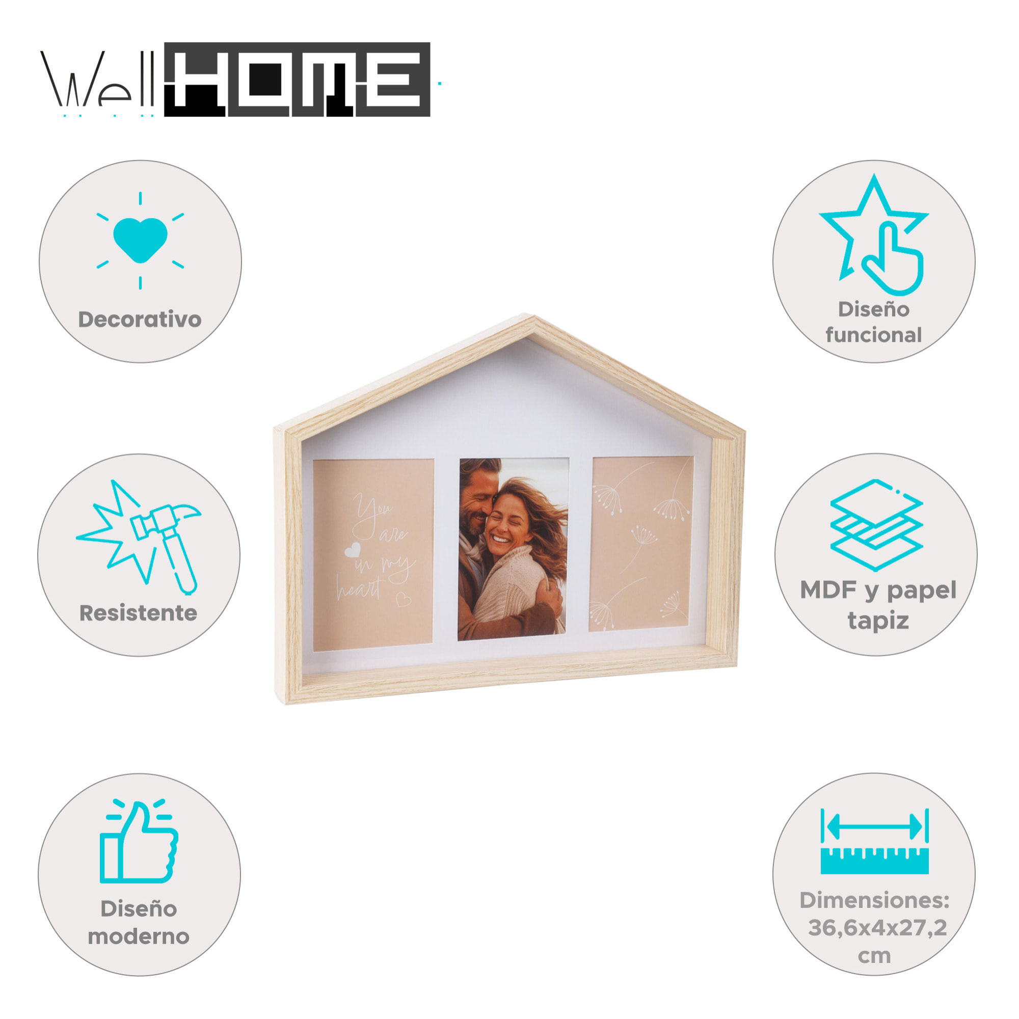 Marco de fotos en forma de casa con diseño natural 36,6x4x27,2cm para 3 fotos