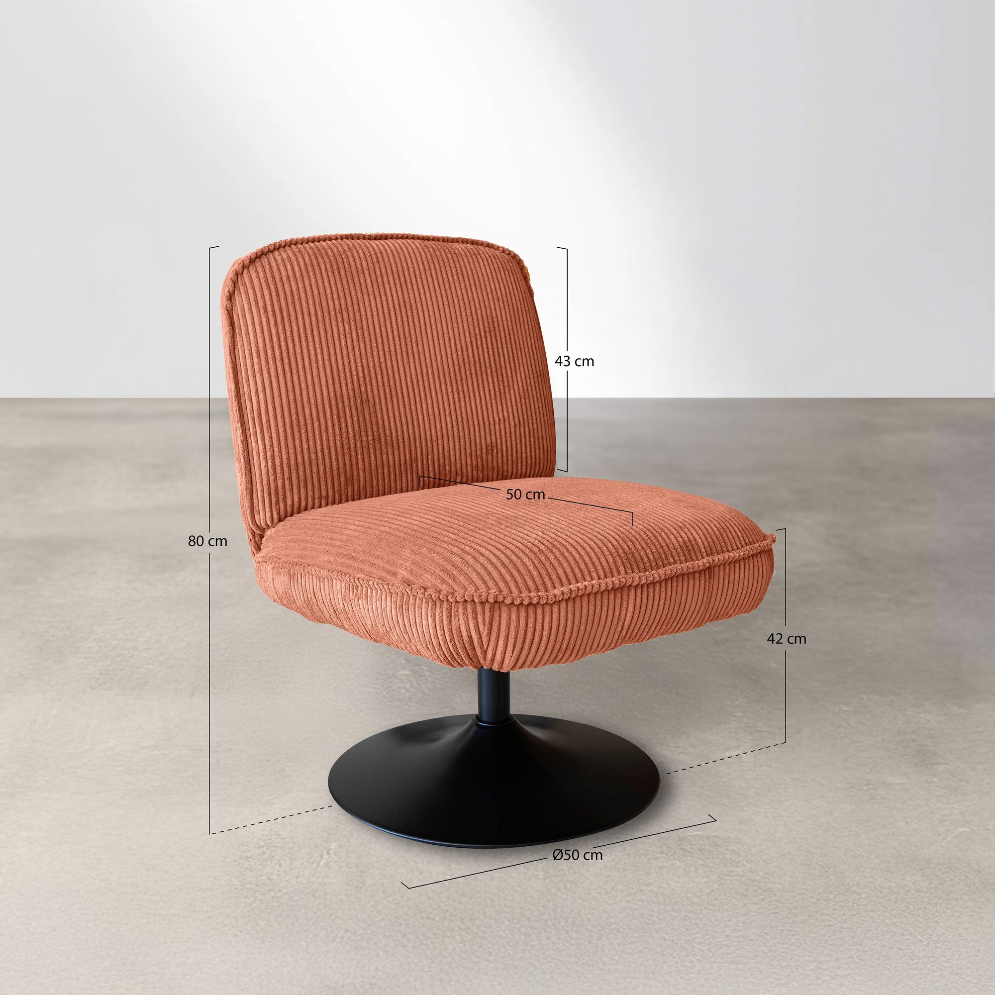 Fauteuil pivotant en velours terracotta et pied en métal noir FUNKY