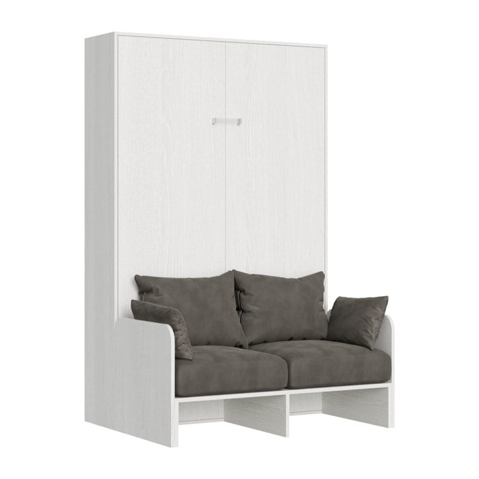 Armoire Lit escamotable vertical double 140 KENTARO avec canapé Frêne Blanc (ALESSIA 20)