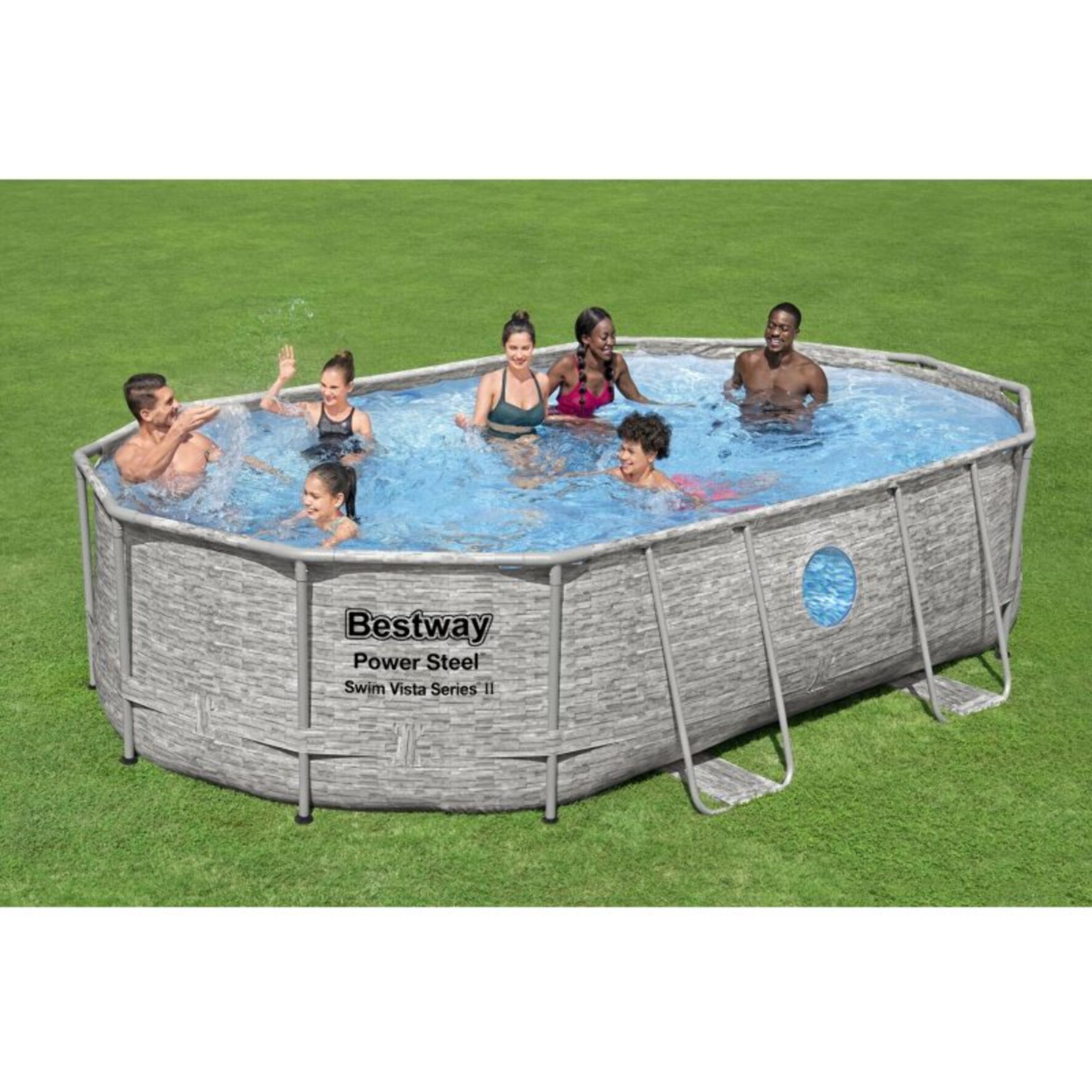 Bestway Piscine hors sol tubulaire ovale Bestway Power Steel™ 488 x 305 x 107 cm décor pierres