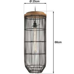 SIXTINE - Suspension 'longue' 25x25cm en rotin couleur noire et teck