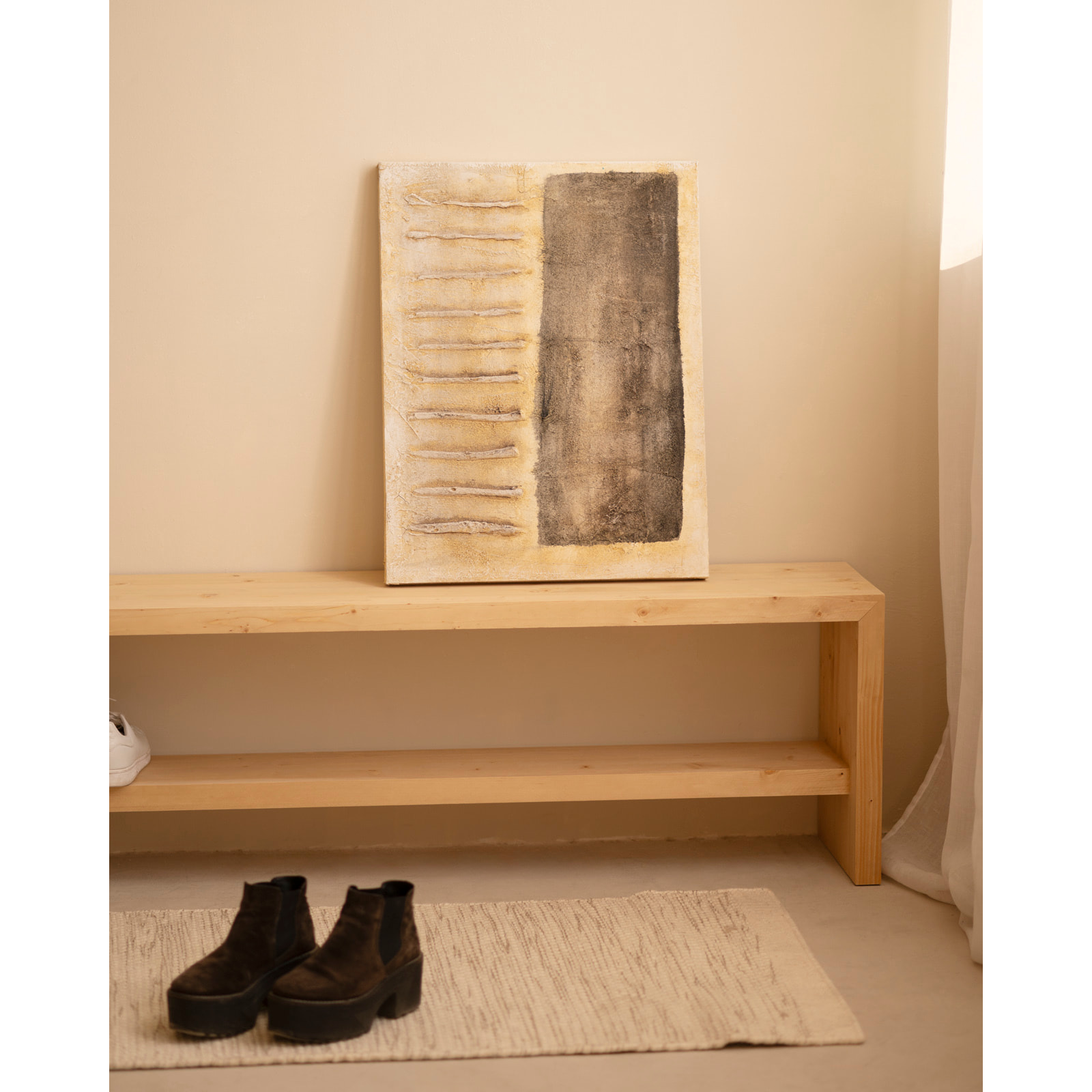 Tableau beige et noir décoratif sur coton avec cadre en bois peint à la main à la peinture à l'huile en différentes tailles