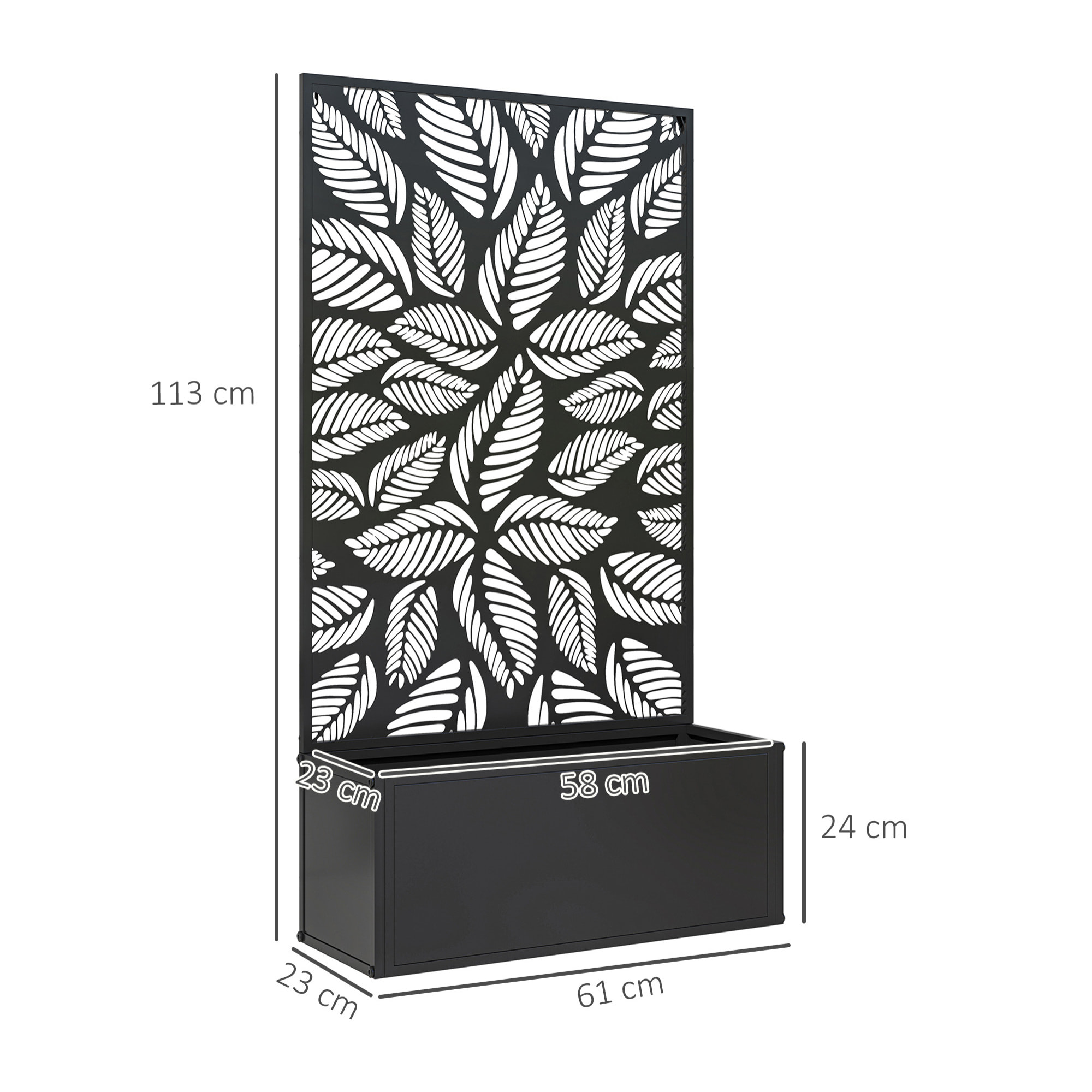 Jardinera Exterior Grande de Metal Jardinera con Pantalla de Privacidad de Hojas Decorativas Jardinera de Pared o Independiente para Patio Terraza 61x23x113 cm Negro
