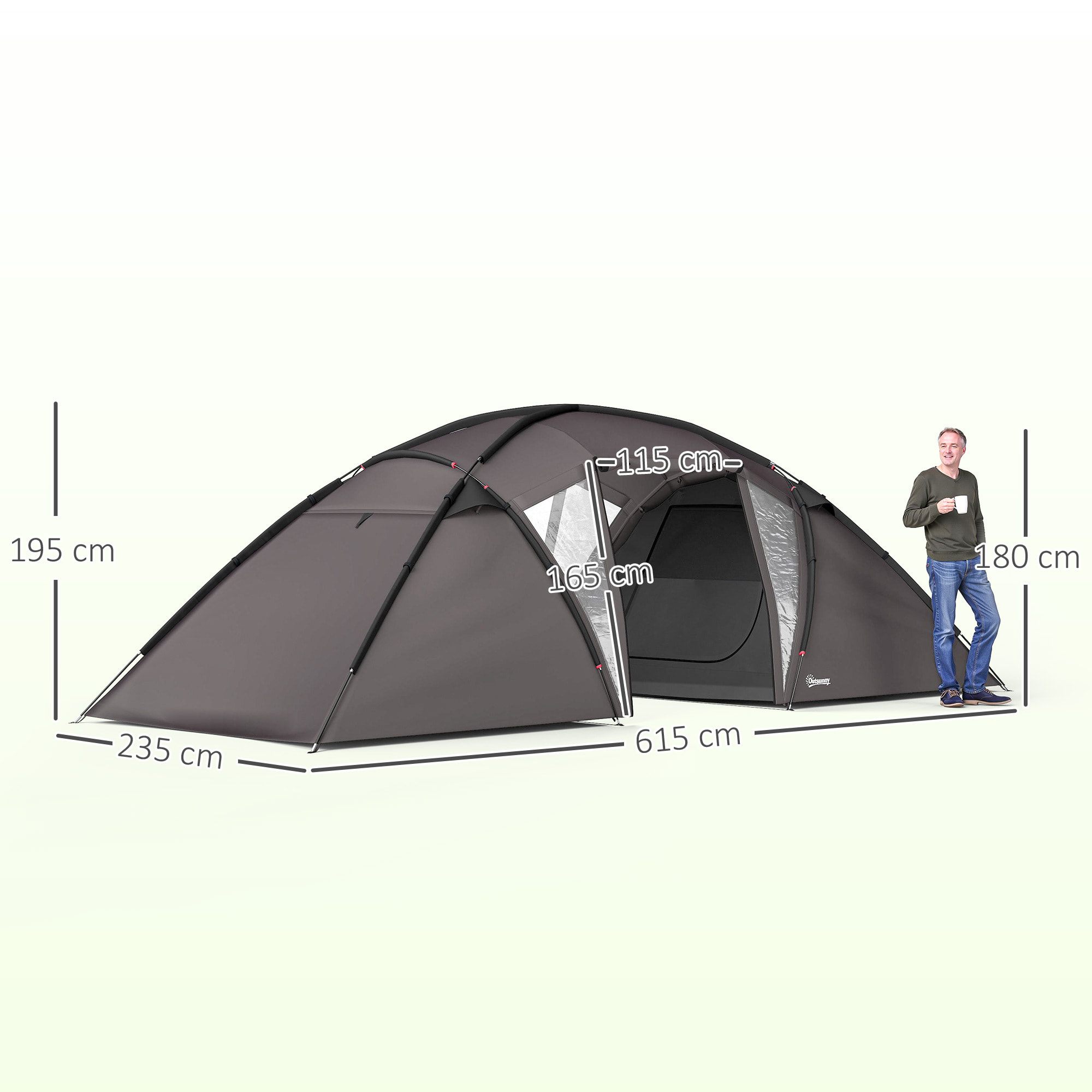 Tente camping 6 places - tente tunnel familiale - imperméabilité 3000mm - dim. 6,15 x 2,35 x 1,95 m - sac inclus - gris
