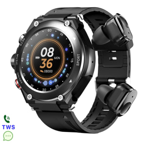 Smartwatch T92 con cuffie TWS integrate e memoria interna per la musica. Cardiofrequenzimetro, O2 nel sangue, termometro.