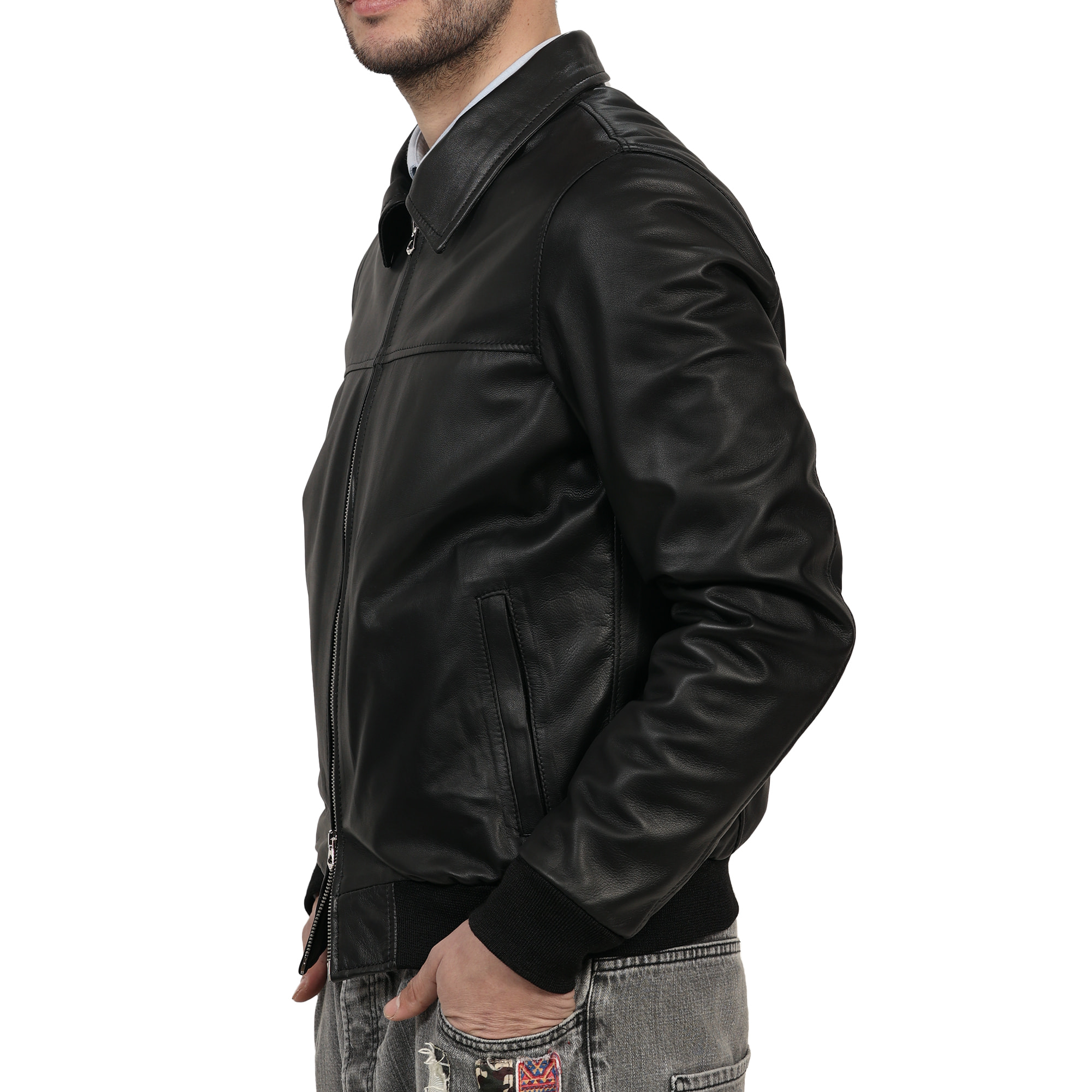 Giubbino in vera pelle di vitello Nero-Slim Fit