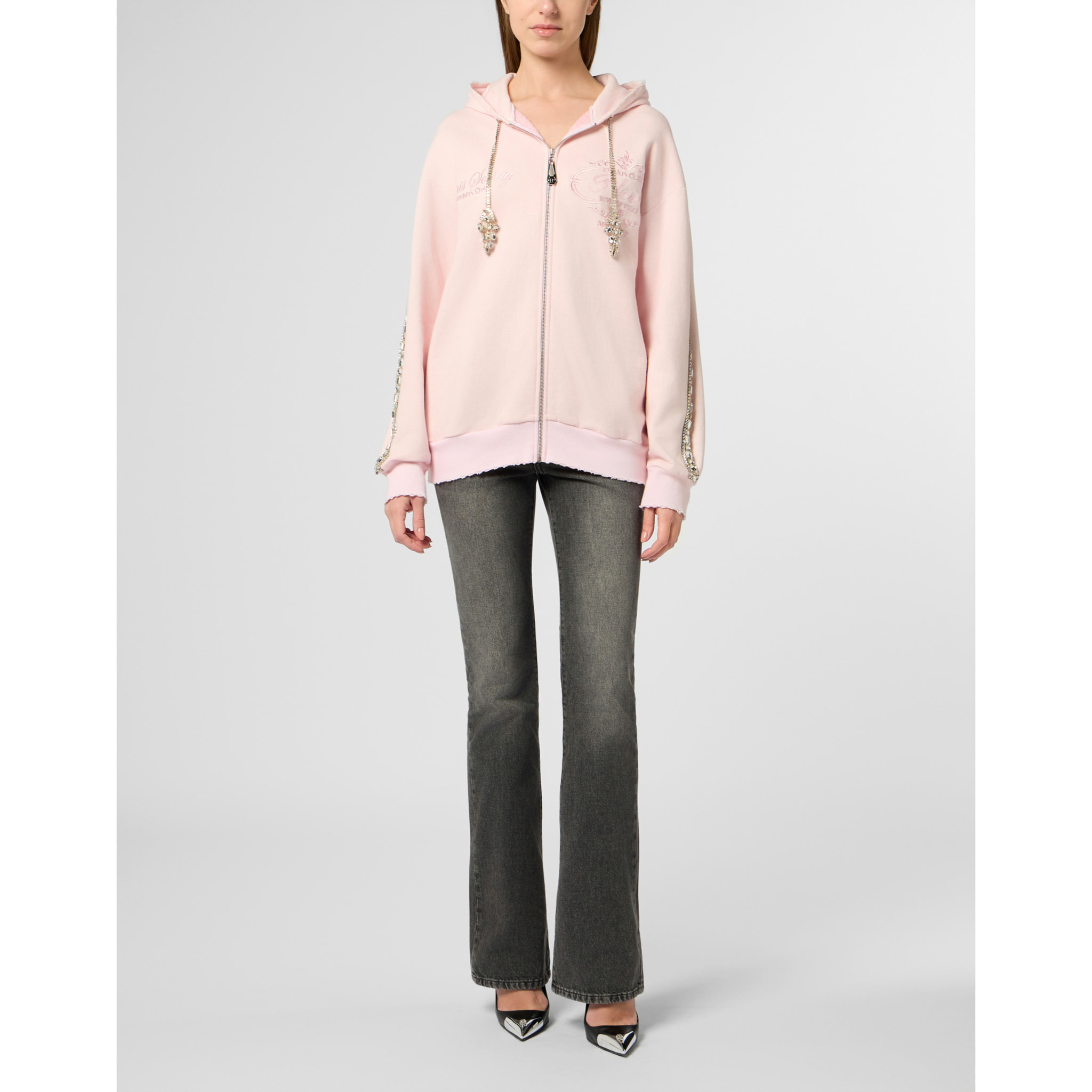 PHILIPP PLEIN Washed Zip Hoodie Tennis Club Crystals