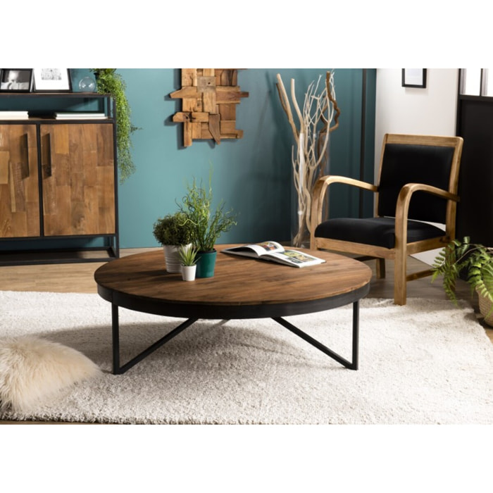 SIXTINE - Table basse ronde marron 110x110cm plateau teck recyclé pieds métal