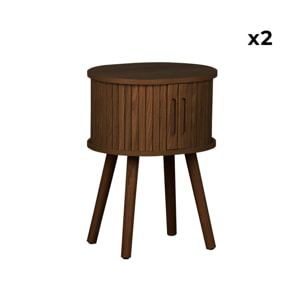 Lot de 2 tables de chevet ovale 2 portes coulissantes poignées creusées. effet bois rainuré. L40 x l34 x H54.8cm