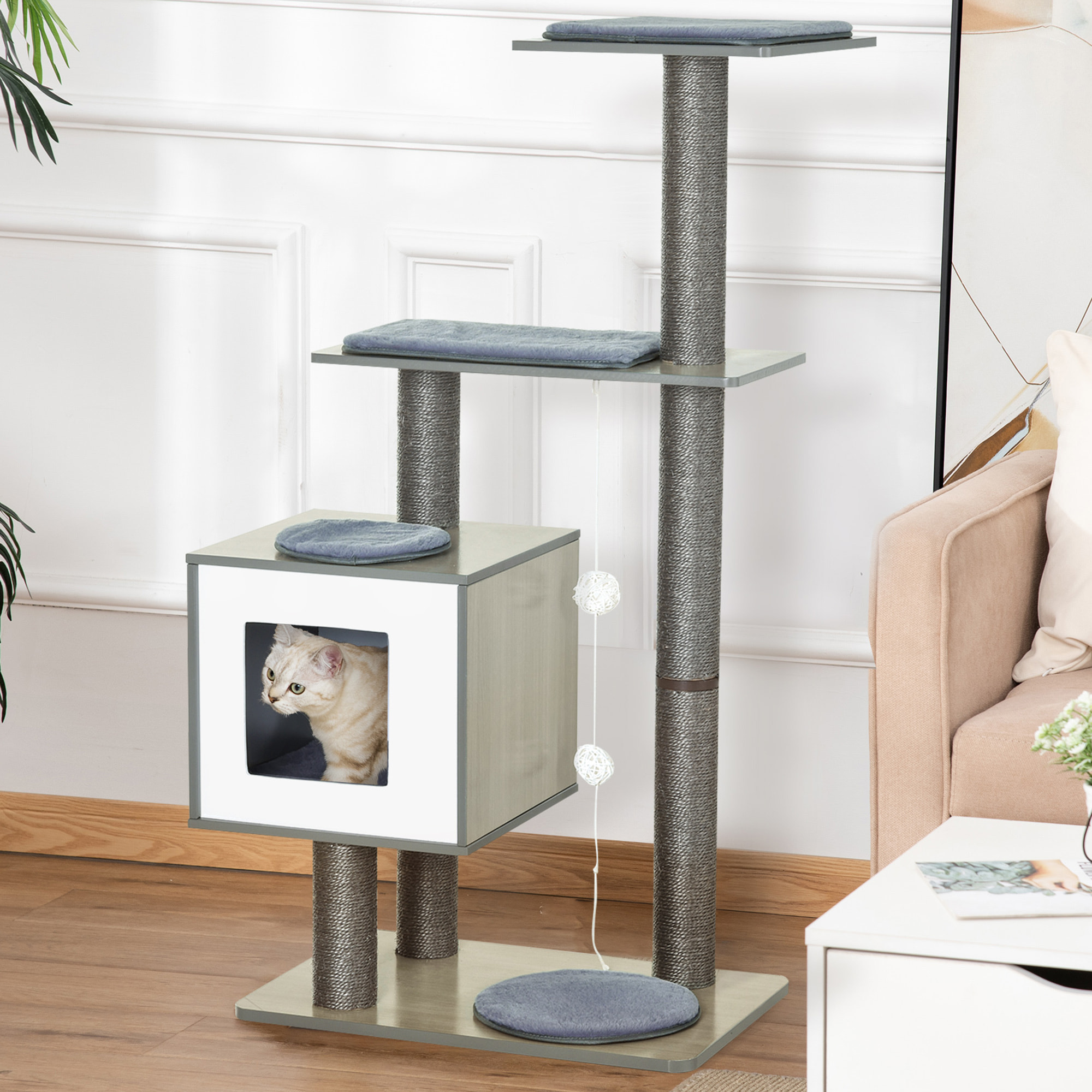 Árbol Rascador para Gatos de Madera 71,5x49,5x120 cm Torre de Gato con Cueva Plataformas Postes Rascadores de Sisal Cojines de Felpa Suave y Bolas Colgantes Gris