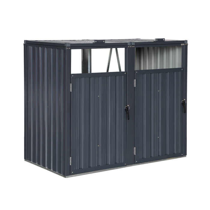 Cache poubelle gris en acier galvanisé. 2 places L 146 x P 82 x H 124 cm