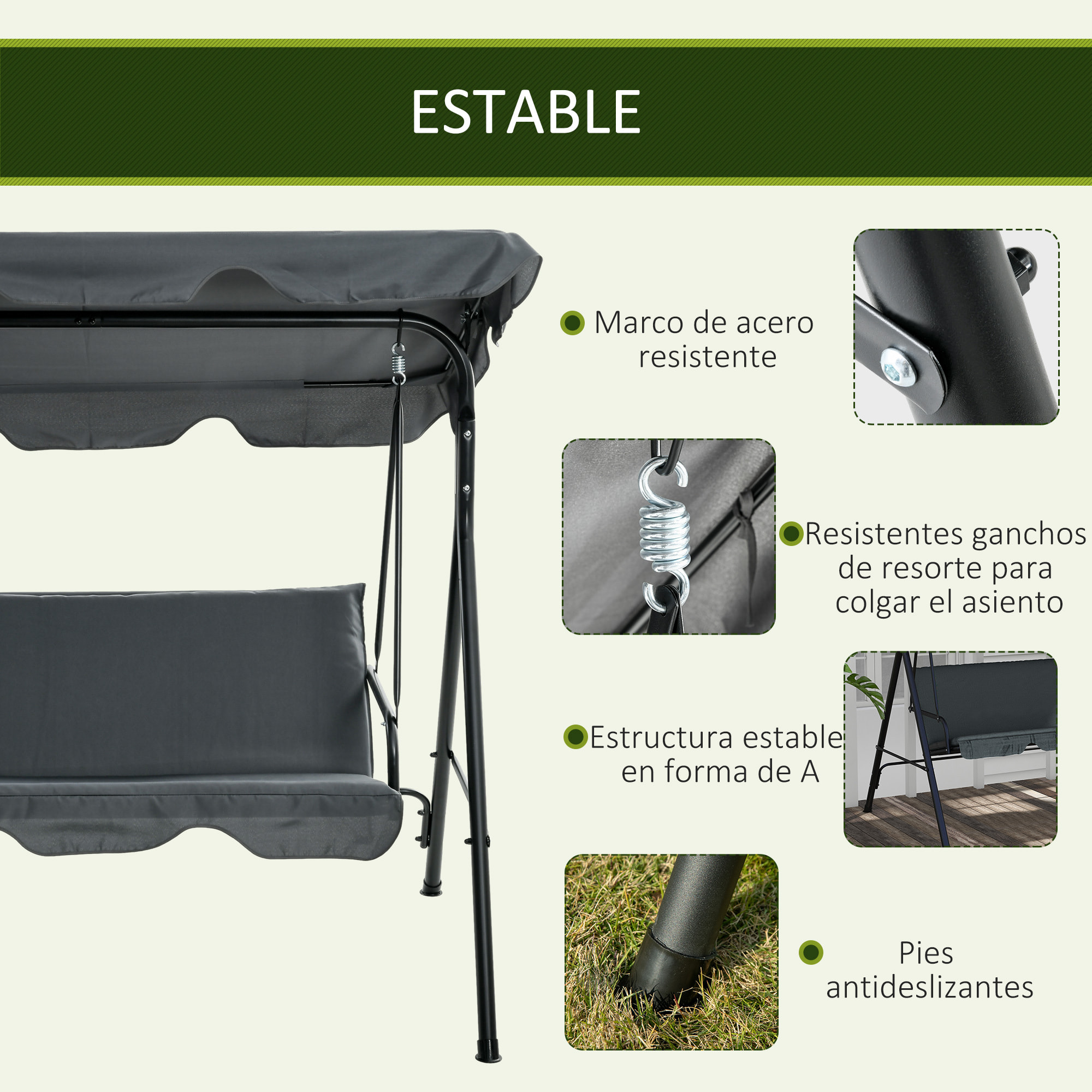 Columpio de Jardín Exterior de 3 Plazas, Balancín de Jardín Exterior con Techo Ajustable y Marco de Acero, para Balcón, Terraza, Patio, Carga 240 kg, 172x110x153 cm, Gris