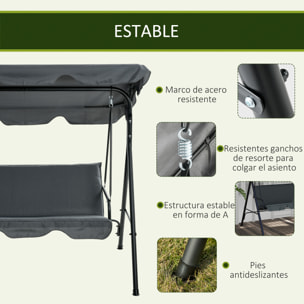 Columpio de Jardín Exterior de 3 Plazas, Balancín de Jardín Exterior con Techo Ajustable y Marco de Acero, para Balcón, Terraza, Patio, Carga 240 kg, 172x110x153 cm, Gris