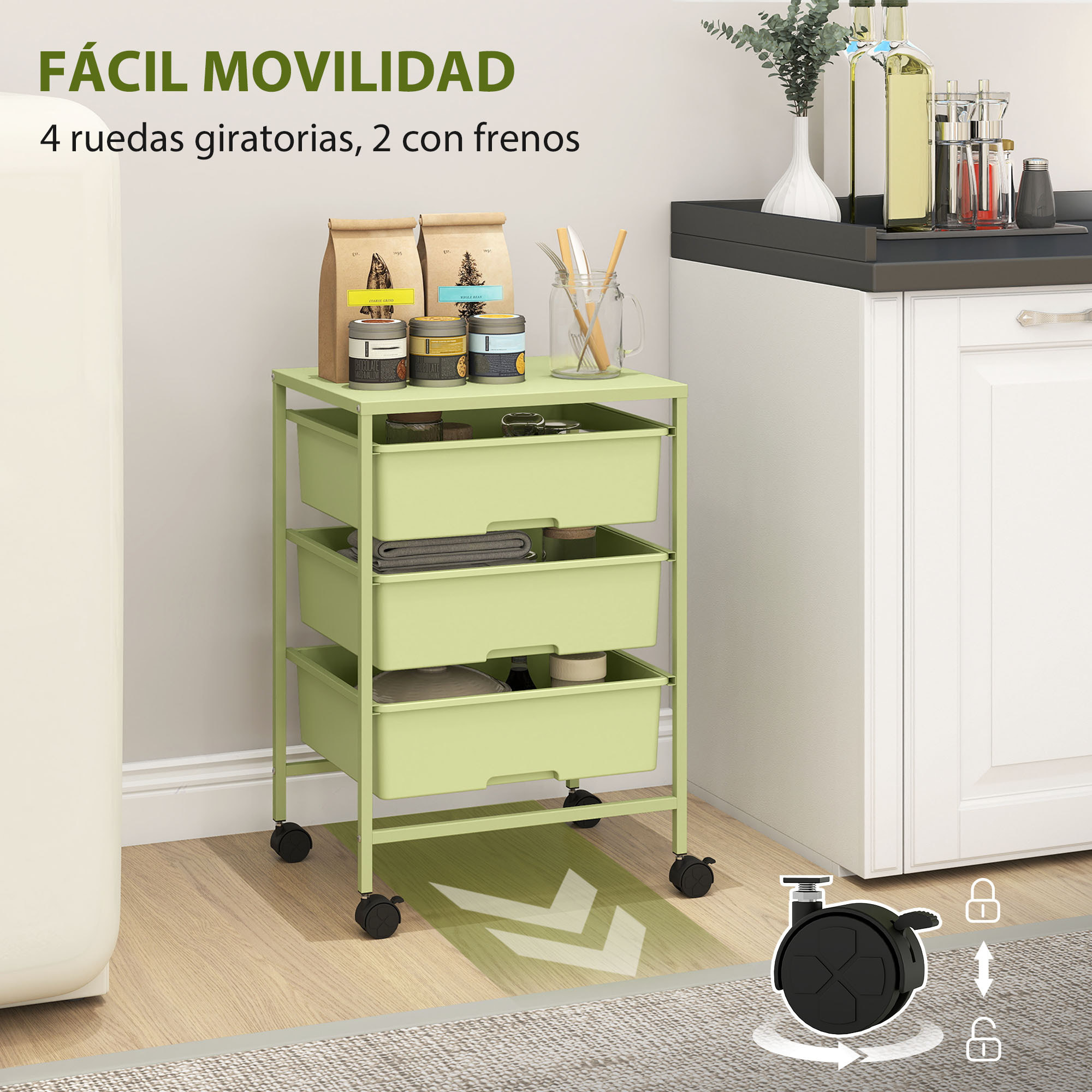 Carrito de Almacenamiento de 4 Niveles, Carrito de Cocina con Ruedas, 3 Cestas, Tablero y Marco de Acero, para Salón, Baño, Oficina, 40,8x33,5x60,5 cm, Verde