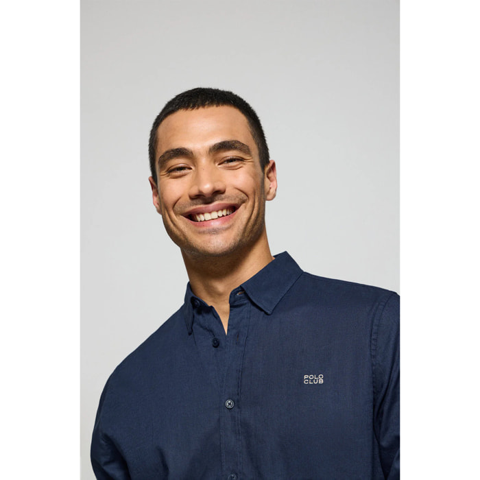 Camicia blu marino in lino-cotone regular fit con logo ricamato