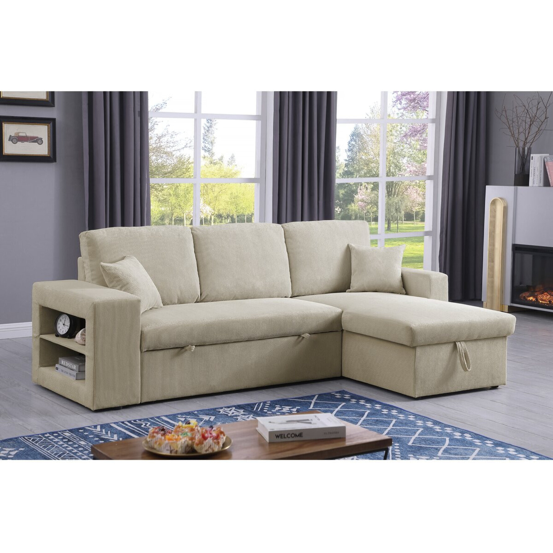 Canapé d'angle en velours côtelé convertible/réversible "Axel" - 3 places - Beige