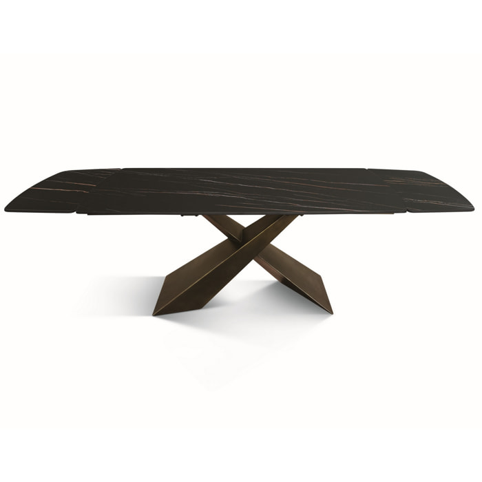 Tavolo FIGARI in vetroceramica matt golden nero con gambe a X in metallo bronzo, allungabile 180x90 cm - 260x90 cm